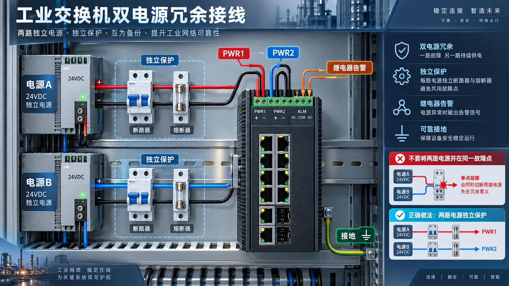 工业交换机双电源怎么接：冗余供电、告警与现场验收指南