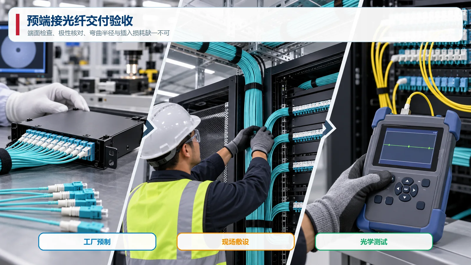 预端接光纤工厂预制现场敷设与光学验收流程场景