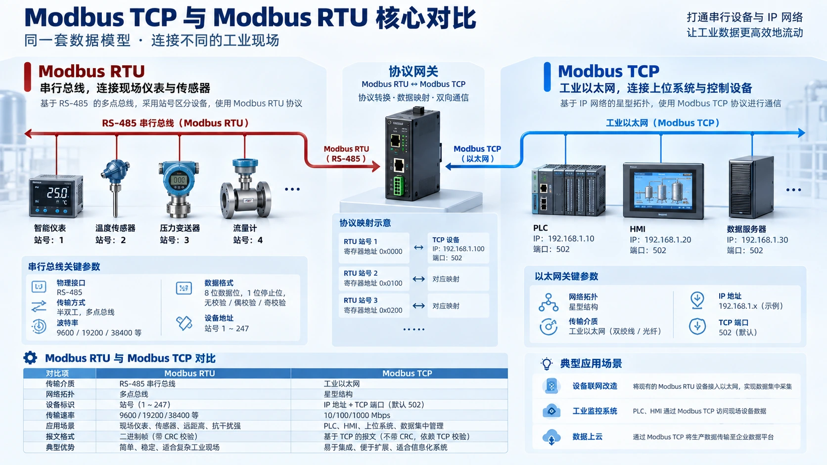 Modbus TCP vs Modbus RTU 核心对比指南技术应用与选型信息图